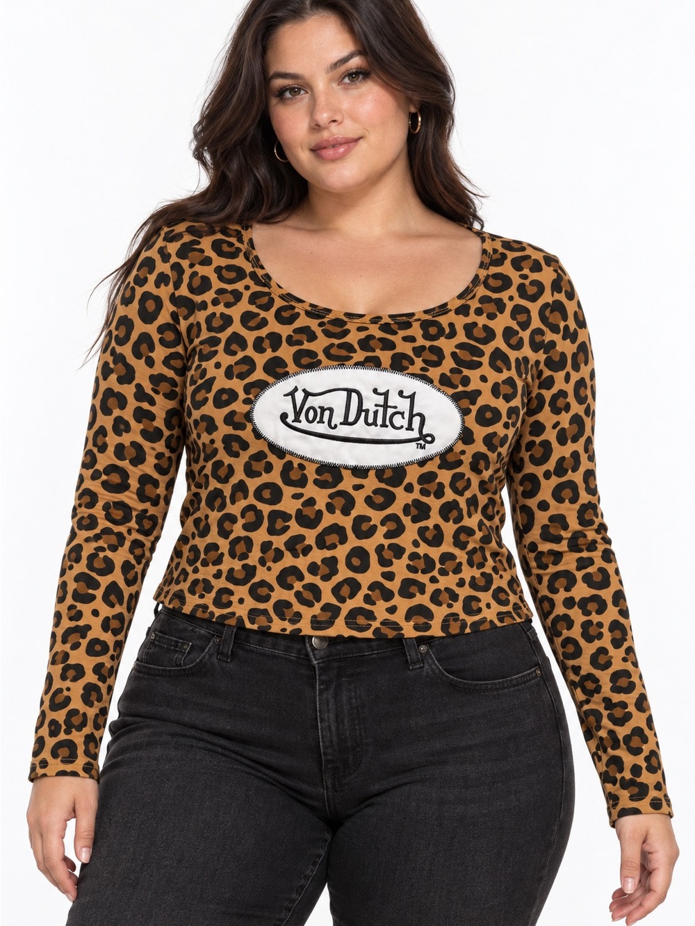Von Dutch Leopard Print Crop Top XL Long Sleeve Embroidered Logo Y2K